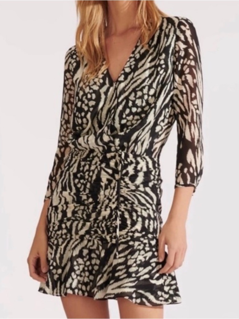 Veronica Beard Black and White Printed Wrap-Style chiffon Dress